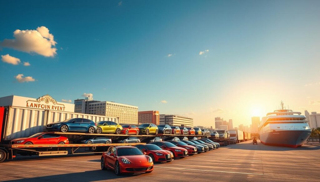A vibrant scene depicting car shipping from Las Vegas to Miami. In the foreground, a transport truck loaded with sleek cars, parked in an open space, showcasing various models in bright colors. The middle ground features a bustling shipping yard, with cars being loaded onto a cargo ship, showcasing the logistical process. In the background, the iconic Las Vegas skyline fades into a sunny Miami skyline, symbolizing the journey. The setting is bathed in warm sunlight, highlighting the polished surfaces of the vehicles, while gentle clouds drift by. The atmosphere is lively and dynamic, capturing the excitement of relocating vehicles across states. Use a wide-angle lens to encapsulate the vastness of the scene, ensuring clarity and focus on the shipping process.
