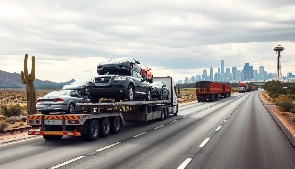 A vibrant scene depicting car shipping from Phoenix to Seattle. In the foreground, a well-maintained car carrier truck is loaded with several vehicles, showcasing a mix of colors and makes. The truck is parked on a sun-drenched highway, hinting at the warm desert landscape characteristic of Phoenix, with cacti and rugged terrain visible. In the middle ground, other transportation vehicles are subtly integrated, including a distant freight train and a scenic view of rolling hills. The background features a city skyline that resembles Seattle’s iconic Space Needle, with lush greenery and overcast skies typical of the Pacific Northwest. Capture the ambiance of a professional logistics operation, emphasizing clarity and purpose, with soft lighting that highlights the vehicles and surroundings. Utilize a wide-angle lens to enhance the perspective of movement and distance.