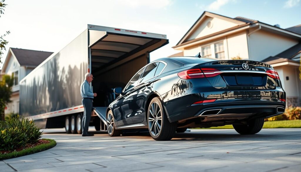 A vibrant scene depicting door-to-door auto transport, focusing on a professional auto transport truck unloading vehicles at a modern suburban home. In the foreground, a sleek sedan is being gently lowered from the truck ramp, while a delivery driver in smart casual attire supervises the process. In the middle ground, the truck is parked on a clean, paved driveway surrounded by landscaped greenery, creating a welcoming atmosphere. The background features a well-kept house with a clear blue sky, emphasizing a typical residential setting. Soft, natural lighting illuminates the scene, highlighting the vehicles’ glossy finishes. Capture the sense of professionalism and care in vehicle delivery. Angle the view slightly upward, showcasing the scale of the truck in relation to the home for added perspective.