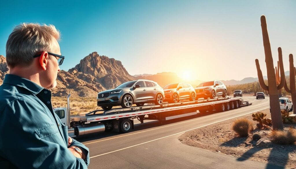 A vibrant scene depicting the process of car shipping from Denver to Phoenix. In the foreground, a professional-looking truck driver in business casual attire is inspecting a loaded car carrier truck, showcasing several vehicles neatly secured on the trailer. In the middle, the trailer glistens under bright sunlight, highlighting the sleek lines of the cars ready for shipment. The background features a clear blue sky and the rocky mountains of Denver transitioning to the warm sunlit saguaro landscape typical of Phoenix, symbolizing the journey between the two cities. Natural lighting creates a bright and optimistic atmosphere, while a wide-angle view enhances the dramatic presence of the car carrier.