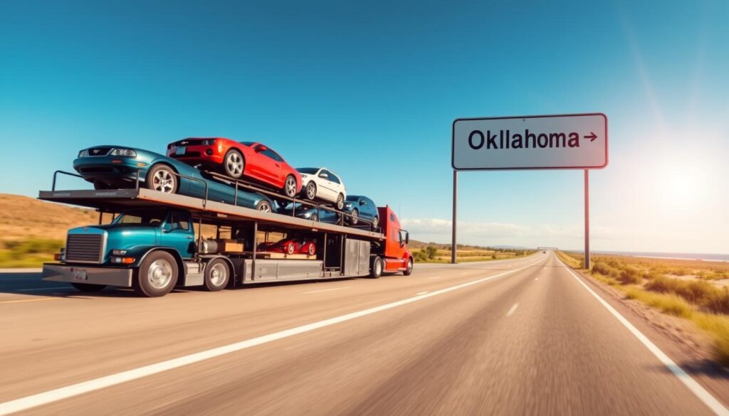 A vibrant scene illustrating car transport logistics between Oklahoma and Florida. In the foreground, a sleek car carrier truck loaded with various vehicles, showcasing a mix of classic and modern cars, under a bright blue sky. The middle ground features a directional road sign indicating "Oklahoma" and "Florida," with lush greenery and a sunlit highway stretching into the distance. The background captures a picturesque landscape, transitioning from the rolling hills of Oklahoma to the sandy beaches of Florida. Soft, natural lighting creates a warm and inviting atmosphere. The use of a wide-angle lens enhances the expansive feel of the scene, emphasizing the journey between states. The overall mood is professional and informative, ideal for representing car shipping services.