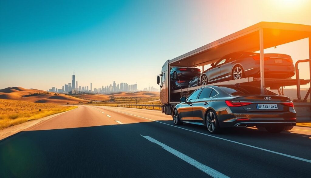 A vibrant scene showcasing a car transport truck loaded with several cars, prominently featuring a sleek sedan in the foreground. The truck is parked on a highway that smoothly arcs across an open landscape, with the Chicago skyline visible in the distance under a bright blue sky. Sunlight glints off the cars' polished surfaces, creating an inviting and energetic atmosphere. In the background, rolling hills and a distant view of Dallas provide a sense of journey and connection. The composition is shot from a slightly elevated angle, emphasizing the transportation aspect while capturing the essence of travel. Soft, warm lighting enhances the scene, conveying a feeling of optimism and adventure. No people or additional distractions are present in the image.