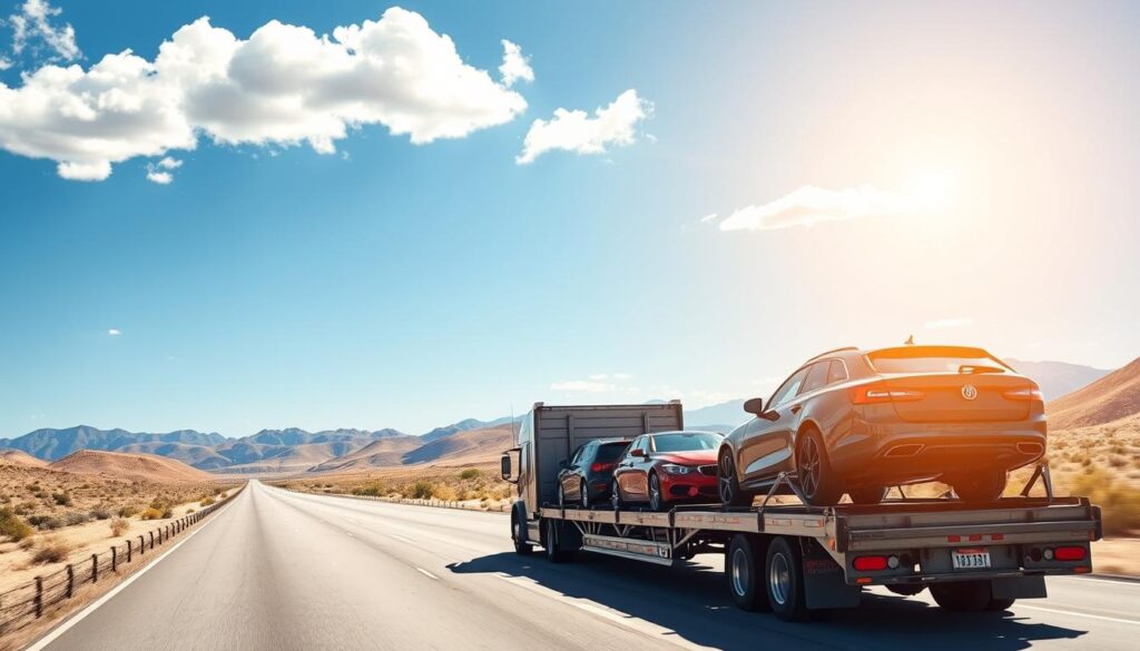 A vibrant scene showcasing an auto transport truck driving along a sunlit highway, symbolizing the journey of car shipping from Texas to Arizona. In the foreground, a well-maintained, multi-car trailer loaded with various cars, including a red sedan and a sleek SUV. The middle ground features rolling desert hills, typical of the Southwest, under a brilliant blue sky dotted with a few fluffy clouds. The background includes distant mountain ranges, enhancing the arid landscape. The lighting is bright and warm, reminiscent of a sunny afternoon, creating a sense of optimism and efficiency. Capture the essence of reliable transport, focusing on the vehicles and their surroundings, presenting a professional yet approachable atmosphere.