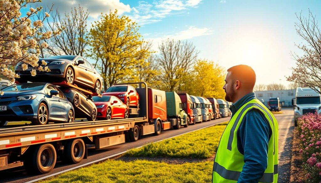 A vibrant spring landscape depicting a bustling auto transport scene. In the foreground, a professional auto transporter, wearing a safety vest, inspects a truck loaded with various cars in bright colors, showcasing popular seasonal vehicles. The middle ground features several trucks lined up in a transport yard adorned with blooming flowers and green trees, symbolizing the arrival of spring. In the background, a clear blue sky with gentle sunlight casts a warm glow, enhancing the lively atmosphere. Capture this scene from a slightly elevated angle to encompass the transport yard's activity and the beauty of the spring season. The overall mood should convey a sense of urgency and opportunity in auto transport, reflecting the seasonal demand for car shipping.