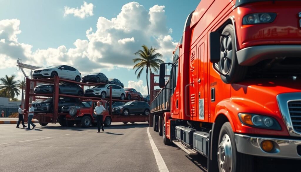 A vibrant summer scene depicting car shipping logistics, with a brightly painted transport truck loaded with various vehicles, showcasing a mix of cars and SUVs. In the foreground, focus on the truck in sharp detail, glistening under the sunlight. The middle ground features a bustling port area with workers in professional attire handling paperwork and guiding vehicles, demonstrating the coordination involved in shipping. The background reveals a clear blue sky adorned with fluffy white clouds, and hints of palm trees, enhancing the summer atmosphere. The lighting is bright and cheerful, creating an inviting mood. Use a wide-angle perspective to capture the scale of the operation, emphasizing the efficiency and organization of the car shipping process during the summer season.