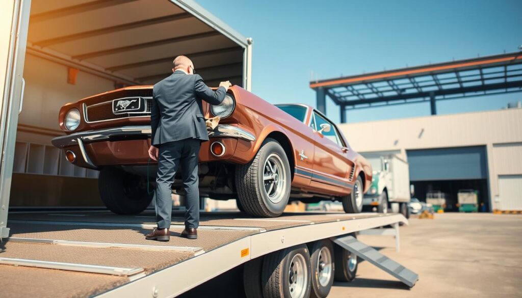 A vintage classic car, such as a 1960s Mustang, is being carefully loaded onto a specialized car transport trailer in a well-lit outdoor setting. In the foreground, a professional handler in business attire is guiding the car with precision, showcasing their expertise and care. In the middle ground, the trailer is equipped with safety straps and padding, emphasizing the importance of secure transport. The background features a clear blue sky and an industrial-style setting, hinting at a transportation facility. The scene is illuminated by soft natural sunlight, creating an inviting and safe atmosphere. The focus is on the careful handling and professionalism of classic car shipping, evoking a sense of trust and reliability. A vintage classic car, such as a 1960s Mustang, is being carefully loaded onto a specialized car transport trailer in a well-lit outdoor setting. In the foreground, a professional handler in business attire is guiding the car with precision, showcasing their expertise and care. In the middle ground, the trailer is equipped with safety straps and padding, emphasizing the importance of secure transport. The background features a clear blue sky and an industrial-style setting, hinting at a transportation facility. The scene is illuminated by soft natural sunlight, creating an inviting and safe atmosphere. The focus is on the careful handling and professionalism of classic car shipping, evoking a sense of trust and reliability.