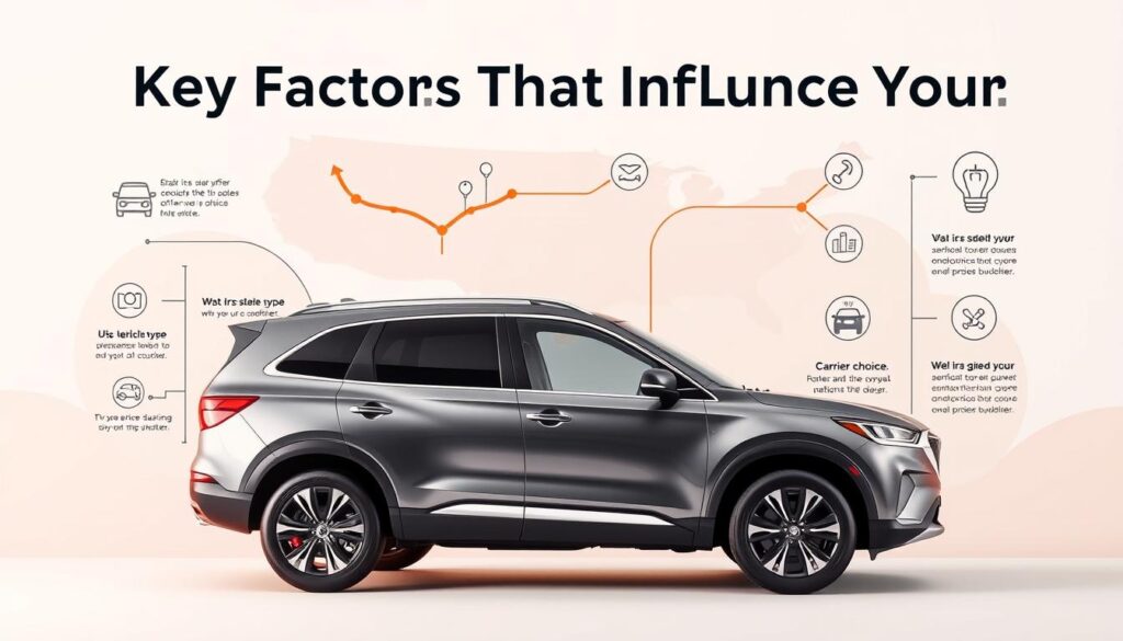 A visually appealing infographic illustrating "Key Factors That Influence Your Shipping Quote." In the foreground, display a sleek, stylized SUV with a shimmering finish, positioned at an angle to showcase its features. In the middle, incorporate key elements like a map of the USA, highlighted routes, and icons representing distance, vehicle type, seasonality, and carrier choice. The background should feature a soft gradient with abstract shapes to suggest logistics and transportation, evoking a sense of movement. Use bright, inviting colors and soft lighting to create a professional yet engaging atmosphere. The composition should be clean and organized, providing an informative feel without clutter. Aim for a standard professional lens perspective that enhances clarity and focus on each element.