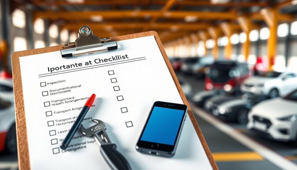 A visually engaging checklist laid out on a clipboard, featuring items important for transporting vehicles purchased at an auction. The foreground includes a well-organized checklist with clearly defined steps like "Inspection," "Documentation," and "Transport Arrangements," each marked with checkboxes. The middle ground showcases a few automotive tools and a smartphone displaying a shipping app, symbolizing technology's role in car shipping. The background is a vibrant garage or transport yard filled with cars awaiting shipment, gently blurred to focus on the checklist. Soft, natural lighting illuminates the scene, creating a professional and calm atmosphere. The image conveys a sense of preparedness, emphasizing the essential steps auction buyers need for a smooth car shipping process.