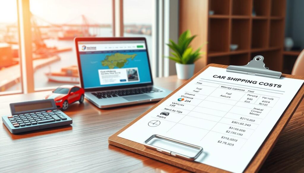 A visually engaging illustration depicting the concept of car shipping costs. In the foreground, a clipboard with a detailed breakdown of car shipping expenses, including icons representing fuel, distance, and vehicle size, is resting on a wooden desk. In the middle ground, a calculator and a laptop displaying a shipment tracking website are arranged neatly alongside a model car and a map highlighting delivery routes. The background features a bright, well-lit office environment with a window showing a scenic view of a busy shipping dock, symbolizing logistics and transport. The overall mood is professional and informative, with clear, natural lighting emphasizing an organized workspace.