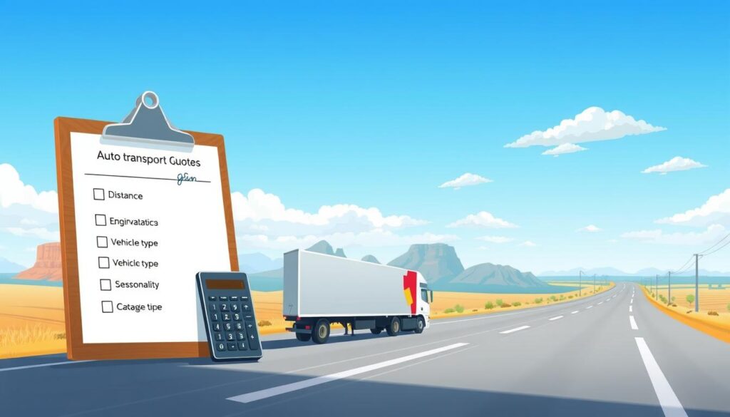 A visually engaging illustration showcasing the key factors influencing auto transport quotes. In the foreground, display a clipboard with a detailed checklist featuring items like distance, vehicle type, and seasonality, paired with a calculator. In the middle ground, depict a semi-truck transporting a car, symbolizing the transport process, alongside varying landscapes representing the journey from Utah to Texas. In the background, illustrate a clear blue sky with soft clouds and a distant highway to convey a sense of movement. Use bright, natural lighting to emphasize a professional business atmosphere, creating a sense of trust and transparency. The overall mood should be informative and inviting, suitable for an article examining auto transport pricing. A visually engaging illustration showcasing the key factors influencing auto transport quotes. In the foreground, display a clipboard with a detailed checklist featuring items like distance, vehicle type, and seasonality, paired with a calculator. In the middle ground, depict a semi-truck transporting a car, symbolizing the transport process, alongside varying landscapes representing the journey from Utah to Texas. In the background, illustrate a clear blue sky with soft clouds and a distant highway to convey a sense of movement. Use bright, natural lighting to emphasize a professional business atmosphere, creating a sense of trust and transparency. The overall mood should be informative and inviting, suitable for an article examining auto transport pricing.