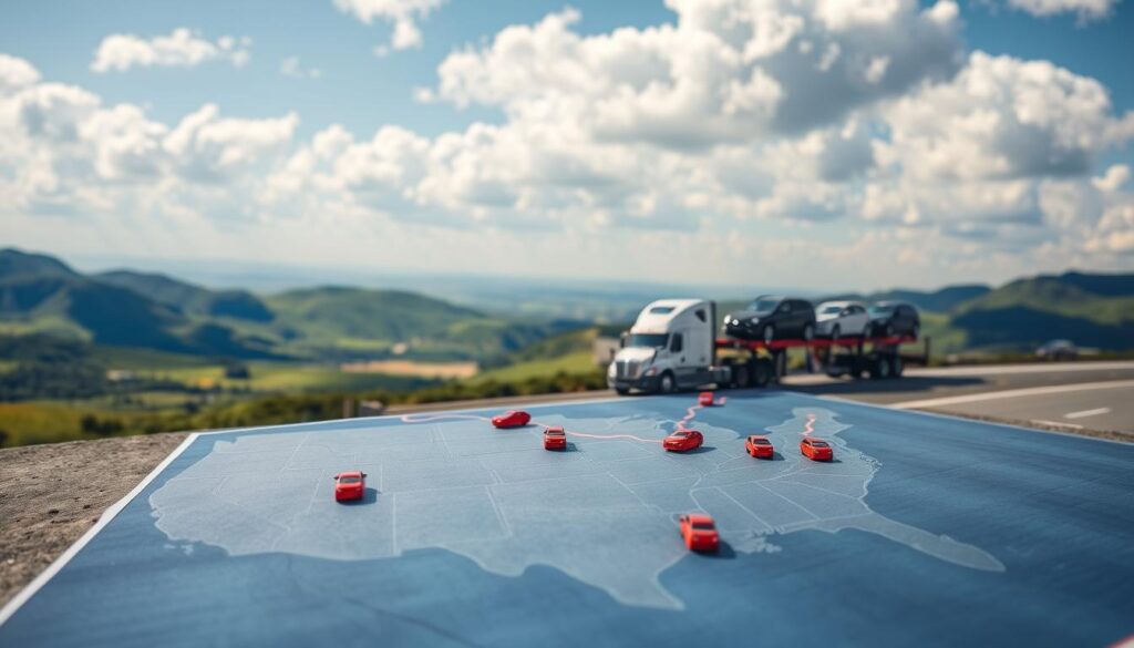 A visually engaging representation of car shipping costs in the USA, showcasing a vast landscape. In the foreground, a detailed map of the United States with a highlighted route marked by car icons, symbolizing transportation. In the middle ground, a transport truck loaded with multiple cars, conveying the essence of car shipping. Lush green hills and open highways flow into the background, under a bright blue sky with fluffy clouds, suggesting a beautiful day for travel. Natural lighting emphasizes the colors of the landscape and vehicles. The scene captures a professional and informative atmosphere, inviting viewers to understand the costs associated with car shipping per mile. The perspective is slightly elevated, providing a comprehensive view of the entire setup.