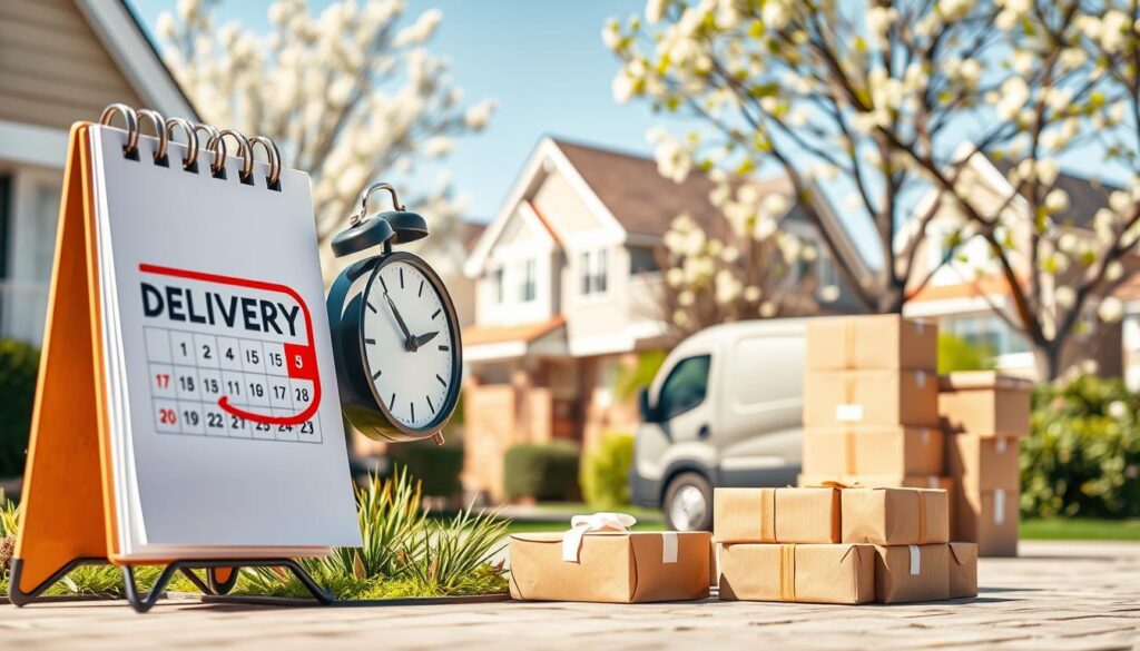 A visually engaging scene illustrating the concept of "delivery date." In the foreground, a beautifully designed calendar page prominently displays a marked delivery date with a red circle around it. Nearby, a modern clock shows the time approaching, emphasizing urgency. The middle ground features a stylish delivery truck parked at a residential doorstep, with various packages neatly stacked beside it, indicating an order ready for delivery. In the background, a sunny, suburban neighborhood with blooming trees conveys a sense of warmth and community. The lighting is bright and inviting, casting soft shadows and highlighting the details of the scene. This composition conveys clarity and importance, enhancing the understanding of the delivery date concept in a friendly atmosphere. The angle is slightly elevated to capture all elements harmoniously, without any text or distractions.