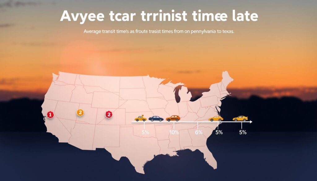 A visually informative illustration depicting average transit times for car shipping across the United States, focusing on the route from Pennsylvania to Texas. In the foreground, a detailed map of the U.S. highlights key interstate highways with clear markers representing transit times. In the middle ground, an infographic-style timeline features stylized icons of cars at various points, indicating duration for each segment of the journey, like '2 days' or '5 days'. The background shows a gradient sky transitioning from dawn to dusk, symbolizing the passage of time and movement. The atmosphere conveys a sense of reliability and professionalism, ideal for an informative article. Soft, natural lighting illuminates the map and icons, creating an engaging visual that is both educational and easy to understand.