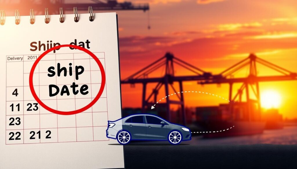 A visually striking comparison image illustrating the concepts of "ship date" and "delivery date" in the context of car shipping. In the foreground, a large calendar page depicts an emphasized ship date circled in red, while a delivery date in blue seems slightly farther down the page. The middle ground features a stylized graphic of a car, symbolizing the vehicle being shipped, incomplete and dynamically designed to show its delivery path—represented by dashed lines leading toward a distant horizon. The background portrays a bustling shipping port, with container ships and cranes silhouetted against a vibrant sunset, casting warm, golden light over the scene. The atmosphere is both informative and engaging, inviting viewers to consider the logistical journey of car shipping with clarity and professionalism.