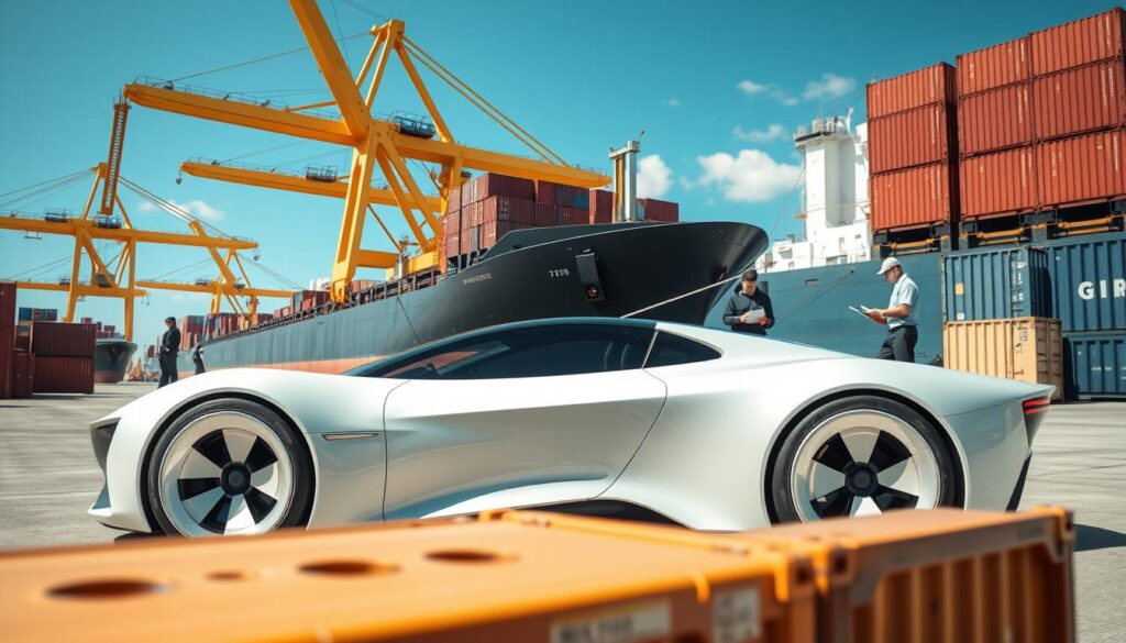 A visually striking image of a futuristic car designed for shipping, with a sleek, aerodynamic body and shipping containers in the foreground. The car is parked next to a large cargo ship in a busy port setting. In the middle ground, dock workers in professional attire handle paperwork, highlighting the importance of documentation in the shipping process. The background features towering cranes and bright blue skies, with sunlight reflecting off the car's polished surface, creating a clean and organized atmosphere. Use a wide-angle lens to capture the scale of the port, ensuring the focus is sharp on the car while softly blurring the background. The overall mood should convey a sense of efficiency and modernity in vehicle transportation.
