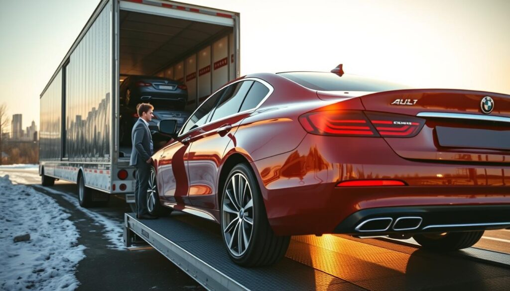 A visually striking scene of a snowbird car shipping operation, prominently featuring a sleek, well-maintained vehicle being loaded onto a transport truck. In the foreground, focus on the car's glossy surface reflecting sunlight, emphasizing its vibrant color, while a professional in a smart casual outfit carefully oversees the loading process. In the middle ground, showcase the transport truck, equipped with multiple slots for various vehicles, parked against a backdrop of a serene winter New York landscape, hinting at the seasonal transition. In the background, fleeting glimpses of New York City skyscrapers fade into the soft, golden light of an approaching Florida sunset. The overall mood is optimistic and professional, embodying the convenience and reliability of snowbird car shipping services. Utilize natural lighting to create a warm atmosphere, enhancing the sense of journey and migration.