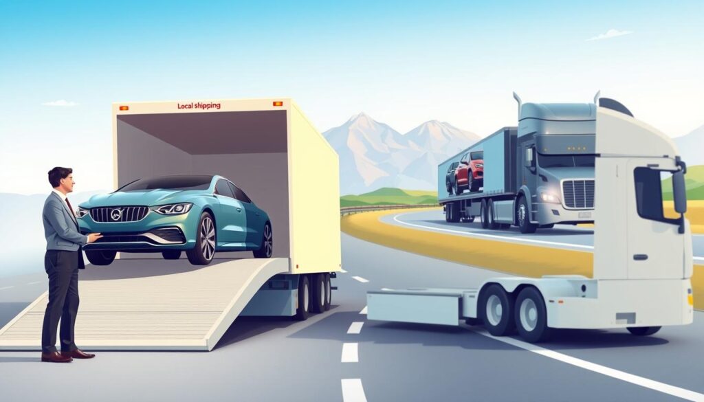 A vivid illustration of car transportation, showcasing both local and long-distance shipping. In the foreground, a professional individual in business attire inspects a modern, sleek car standing on a loading ramp of a transport truck labeled for local shipping. In the middle, a contrasting scene shows a larger truck on a highway, loaded with multiple cars representing long-distance transport, with mountains in the background symbolizing distance. Soft, natural lighting enhances the image, with a clear blue sky overhead adding a sense of openness. The focus is on the vehicles and their transport methods, creating a mood of reliability and professionalism in the car shipping industry, with a balanced composition using a slightly elevated angle to capture both aspects clearly.
