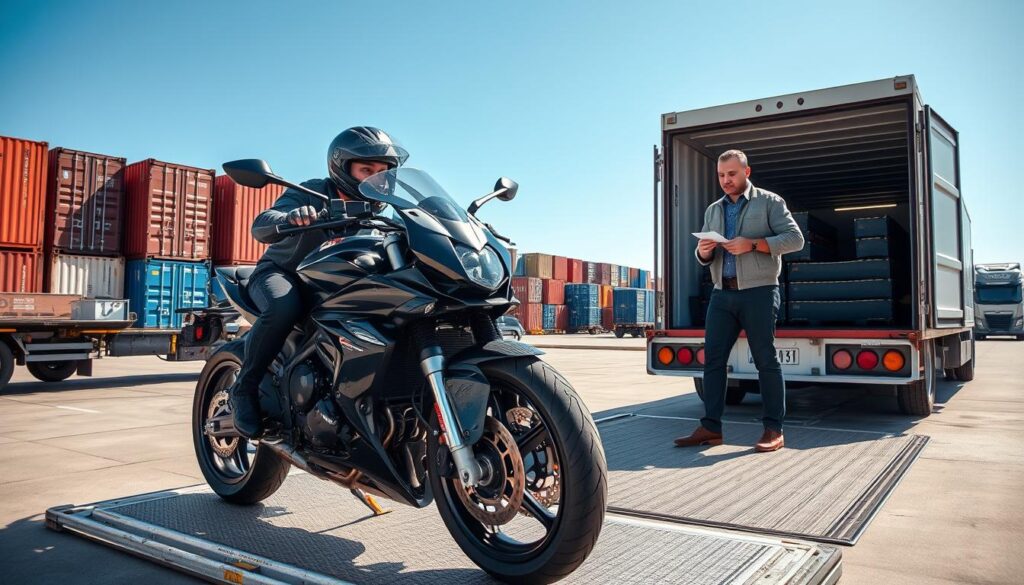 A vivid scene of a motorcycle being loaded onto a transport truck, showcasing a shiny, sleek motorcycle in the foreground with the rider, dressed in professional business attire, carefully securing it with straps. In the middle ground, a friendly logistics manager discusses shipping options with a driver, who is dressed in a modest casual outfit, both appearing engaged and professional. In the background, a fleet of well-organized shipping containers and vehicles underscores the logistical process, with clear blue skies and natural sunlight illuminating the scene, creating a sense of reliability and efficiency. The image should evoke a mood of professionalism and trustworthiness in the motorcycle shipping industry, captured from a slightly elevated angle to give a comprehensive view of the activity.