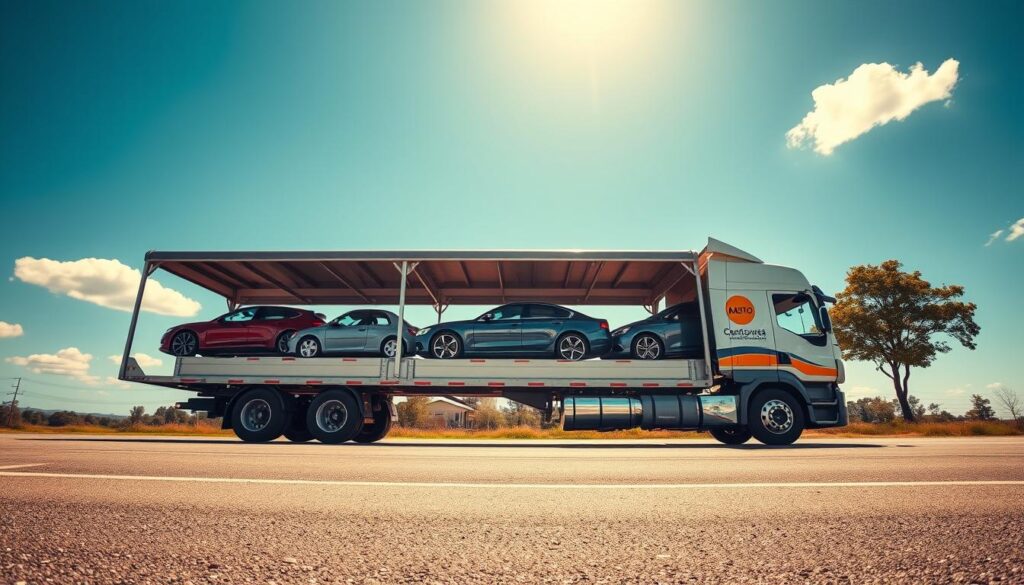 A vivid scene of an open auto transport truck on a sunny day, parked on a wide, asphalt road. In the foreground, the transport truck is filled with several cars, showcasing a variety of models ranging from classic cars to modern sedans, all securely strapped down. The middle layer features the truck itself, with shiny metal detailing and a vibrant company logo emblazoned on the side. In the background, a clear blue sky with a few fluffy clouds adds depth, while distant trees line the side of the road. The scene is well-lit with bright, natural sunlight, creating a warm and inviting atmosphere. The angle is slightly elevated, capturing the truck's imposing presence against the serene backdrop, evoking a sense of reliability and efficiency.