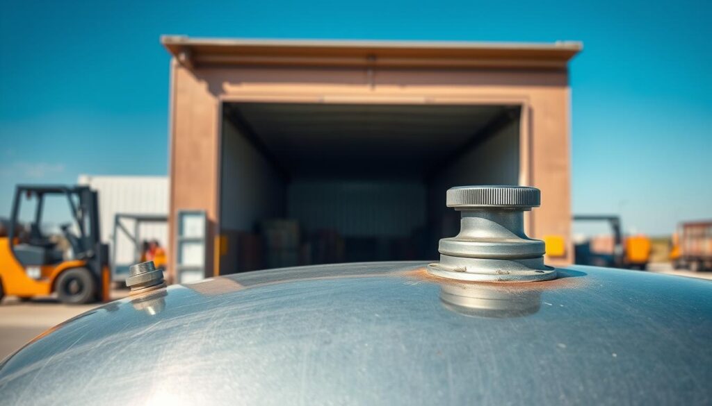 A well-defined fuel tank situated prominently in the foreground, showcasing its metallic texture and intricate details, including the cap and gauge. In the middle ground, hints of a shipping environment are visible, such as a clean, organized loading dock with a forklift nearby. The background features a clear blue sky, subtly conveying a sense of outdoor transport logistics. The lighting is bright and natural, highlighting reflections on the tank's surface, with soft shadows for depth. The mood should evoke a sense of clarity and professionalism, suitable for an informative article. The composition is captured from a slightly elevated angle to provide a comprehensive view of the tank and its surrounding context, ensuring no text or branding is present.