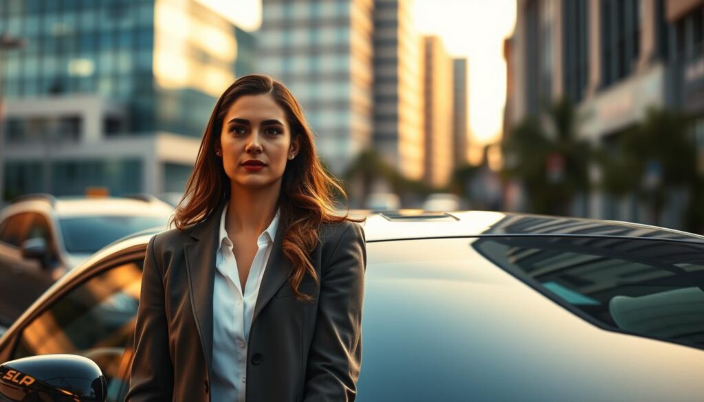 A well-dressed professional man and woman, standing together beside a shiny new car in an urban setting, embodying the concept of presence during vehicle pickup. The foreground shows the characters with attentive expressions, dressed in smart business attire. In the middle, the car gleams under soft, natural lighting, reflecting the bustling city vibes of a late afternoon. The background features blurred city buildings, providing a sense of context without distraction. Use a shallow depth of field to emphasize the subjects while maintaining a warm, inviting atmosphere. Capture the scene from a slightly elevated angle, creating a sense of anticipation and understanding of the importance of presence in this moment.