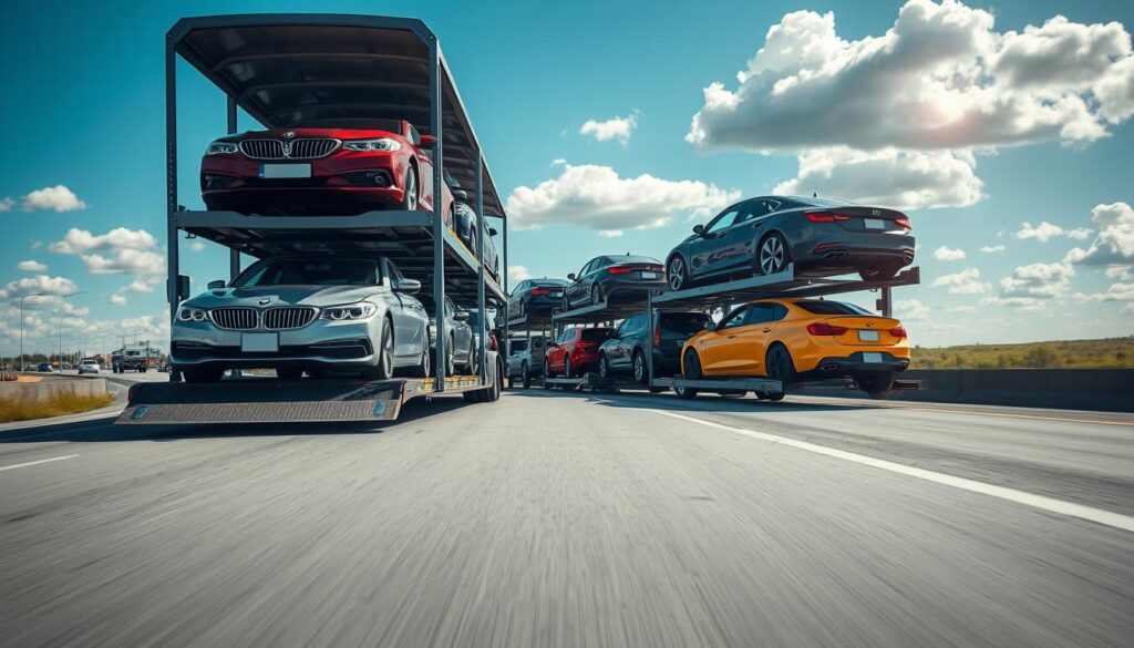 A well-lit scene featuring an open car transport truck loaded with a variety of vehicles, including sedans and SUVs, on a smooth highway. In the foreground, the transport truck is centered, showcasing its multi-layered ramps and secure vehicle placements. In the middle ground, brightly colored cars shine under the sun, reflecting their polished surfaces and capturing the essence of open car transport. The background features a clear blue sky with a few fluffy clouds, adding to the transportation atmosphere. The angle of the shot should be slightly elevated, giving a comprehensive view of the transport vehicle and its cargo. The overall mood is informative and professional, ideal for illustrating the mechanics and logistics of open car transport.