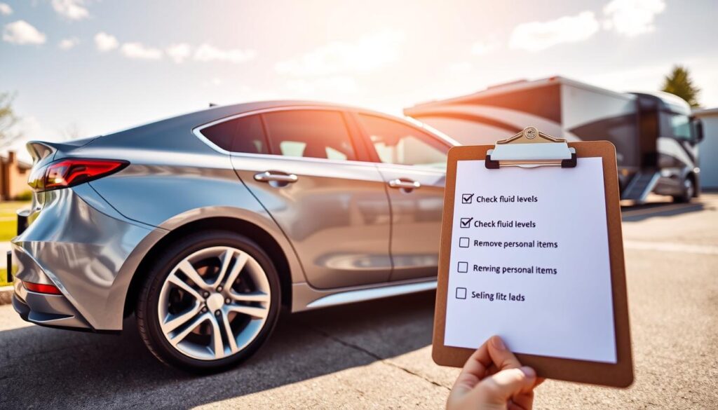 A well-maintained car parked in a brightly lit driveway, showcasing its pristine condition before transport. In the foreground, focus on the car's gleaming exterior and polished wheels, highlighting details like reflection of sunlight and a clear blue sky. In the middle ground, a checklist can be seen on a clipboard, with items like "Check fluid levels" and "Remove personal items" slightly blurred, emphasizing preparation for transport. The background features a sleek car carrier truck in a well-organized yard, ready for loading. Use soft, natural lighting to convey a sense of professionalism and care, capturing a calm and secure atmosphere. The angle is slightly from above, providing a comprehensive view of both the car and the surroundings.
