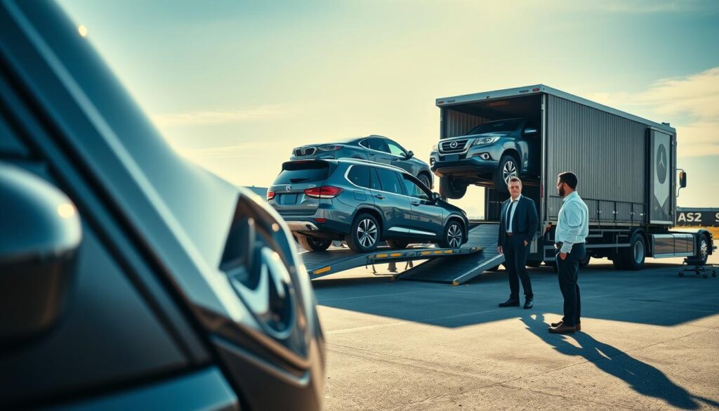 A well-organized car shipping yard showing multiple SUVs being loaded onto a specialized transport truck. In the foreground, a close-up view of a sturdy SUV with a shiny finish, highlighting its rugged design. In the middle ground, a transport truck with ramps deploying to load additional SUVs, showcasing the behind-the-scenes process of car shipping. The background features a bright, clear sky with soft, natural lighting casting shadows across the yard. Capture the mood of efficiency and professionalism, as a couple of workers in professional attire inspect the vehicles, ensuring everything is properly secured for transport. The angle should be slightly elevated to encompass the operation while maintaining focus on the SUVs being prepared for shipping.
