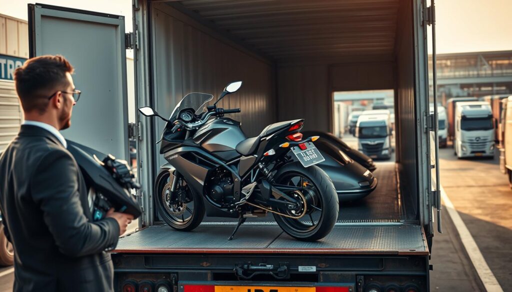 A well-organized motorcycle shipping scene featuring a sleek, modern motorcycle being loaded onto a sturdy transport truck. In the foreground, a professional individual in business attire is securing the motorcycle with straps, focused on ensuring its safety. The middle ground showcases the truck’s open back, revealing ample space for vehicle transport, including a classic car parked beside the motorcycle, both gleaming under soft, natural sunlight. In the background, a busy transport yard is visible, with additional trucks and vehicles waiting, creating a sense of activity and organization. The mood is dynamic yet professional, highlighting the reliability and efficiency of combined vehicle transport. Use a slightly elevated angle to capture the scene vividly, with warm lighting that conveys a sense of optimism and trust.