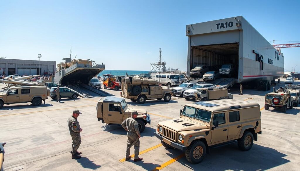 A well-organized scene depicting military car shipping at a loading dock. In the foreground, several military vehicles, including SUVs and trucks, are being carefully loaded onto a large transport ship. Soldiers in professional military uniforms oversee the loading process, ensuring everything is secured properly. The middle ground features the transport ship, with ramps extended and equipment ready for loading. In the background, a bright blue sky suggests a sunny day, and a military base can be faintly seen, showcasing barracks and equipment. The overall mood is disciplined and efficient, capturing the seriousness of military logistics. The image should be vibrant with clear, focused lighting, emphasizing the disciplined coordination among personnel and the rugged vehicles.