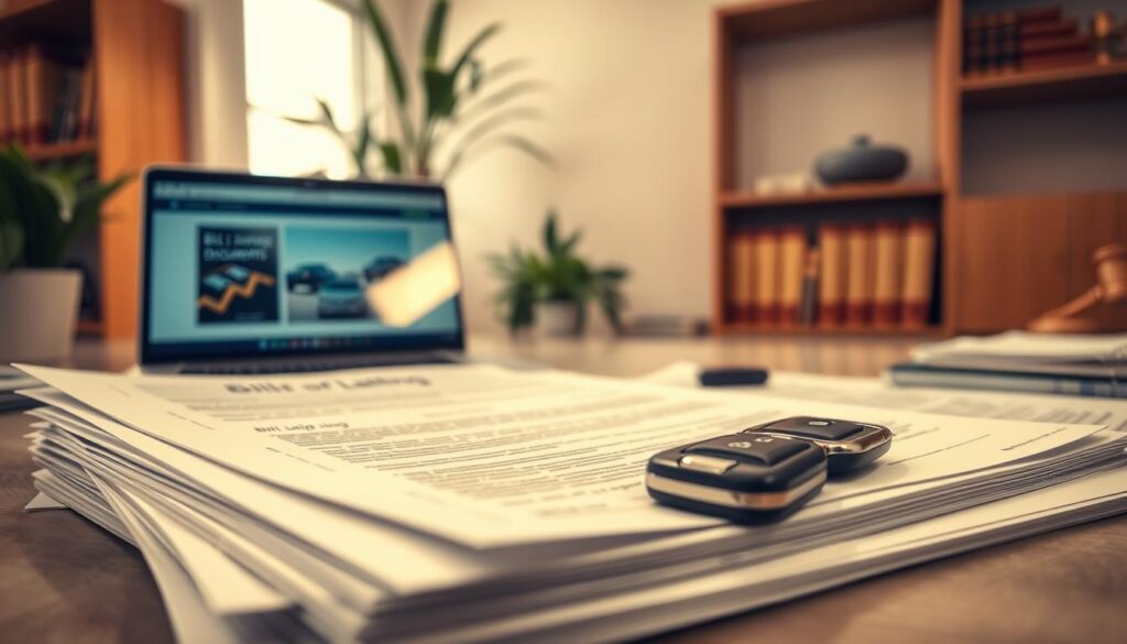 A well-organized workspace showcasing essential documents for shipping a car without license plates. In the foreground, a neatly arranged stack of paperwork, including forms like a bill of lading, insurance documents, and a title transfer, all slightly blurred for depth. In the middle, a laptop displaying a shipping website, with a shiny car key resting beside it, indicating preparation. The background features a softly lit office environment—light streaming through a window, illuminating a few plants and shelves with legal books, enhancing the professional atmosphere. The overall mood is focused and serious, ideal for understanding legal requirements, captured with a warm tone and a slightly high-angle lens for visual appeal.