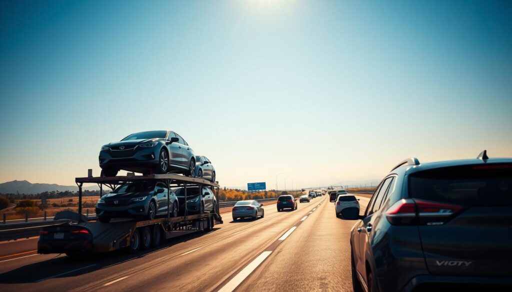 A wide shot of an interstate highway bustling with activity, showcasing a variety of auto transport vehicles. In the foreground, a sleek car carrier truck efficiently loaded with several vehicles, including luxury sedans and SUVs, glimmers in the sunlight. The middle ground features other cars on the highway, illustrating the dynamic flow of traffic. A clear blue sky above creates a vibrant atmosphere, with soft, warm lighting highlighting the vehicles. In the background, distant mountains fade into haze, hinting at the journey ahead. The scene evokes a sense of movement and professionalism, symbolizing the essence of interstate car shipping for relocation. A wide shot of an interstate highway bustling with activity, showcasing a variety of auto transport vehicles. In the foreground, a sleek car carrier truck efficiently loaded with several vehicles, including luxury sedans and SUVs, glimmers in the sunlight. The middle ground features other cars on the highway, illustrating the dynamic flow of traffic. A clear blue sky above creates a vibrant atmosphere, with soft, warm lighting highlighting the vehicles. In the background, distant mountains fade into haze, hinting at the journey ahead. The scene evokes a sense of movement and professionalism, symbolizing the essence of interstate car shipping for relocation.