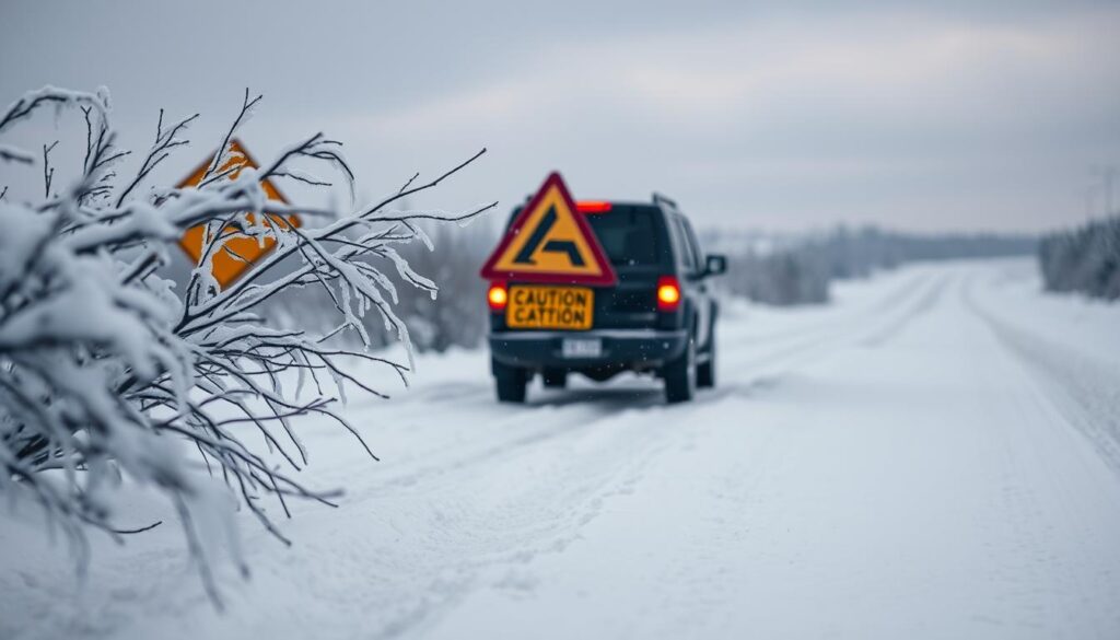 A winter scene depicting the risks of winter car transport in the USA. In the foreground, a vehicle struggling on a snowy road, with visible tire tracks that indicate slipping. The middle ground features ice-covered branches and a pair of caution signs warning about icy conditions. In the background, a blurred view of a snowed-in road, with gray skies overhead and falling snowflakes, creating a chilly atmosphere. The lighting should be dim and overcast, with soft shadows to emphasize the coldness of the scene. Capture the mood of tension and caution, illustrating the challenges faced during winter transport without human figures present.