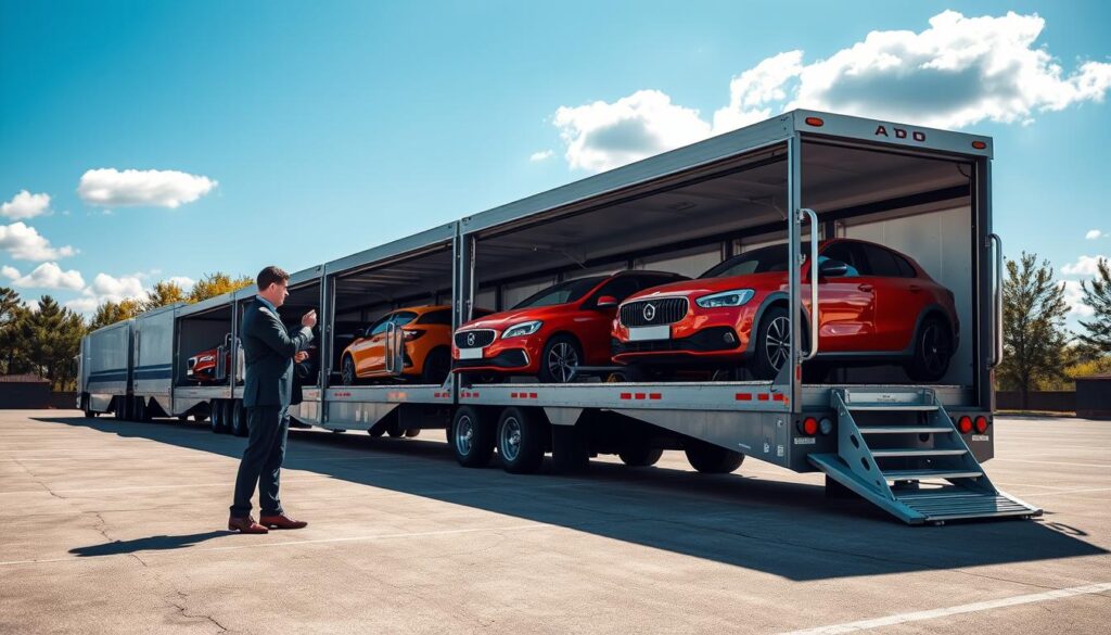 An auto transport company scene set in a spacious loading yard, featuring a row of modern car haulers ready for transport. In the foreground, a professional driver in business attire inspects a vehicle on the ramp, showcasing attention to detail. The middle ground displays brightly colored cars neatly arranged on the trailer, each vehicle secured and gleaming under the sun. The background features a clear blue sky with a few fluffy clouds, and some trees lining the yard, giving a sense of openness and reliability. Soft, natural lighting enhances the professionalism of the scene, emphasizing the efficiency and care of the transport process, with a slight perspective angle that draws the viewer's eye towards the loading area, evoking trust and dependability in auto transport services.