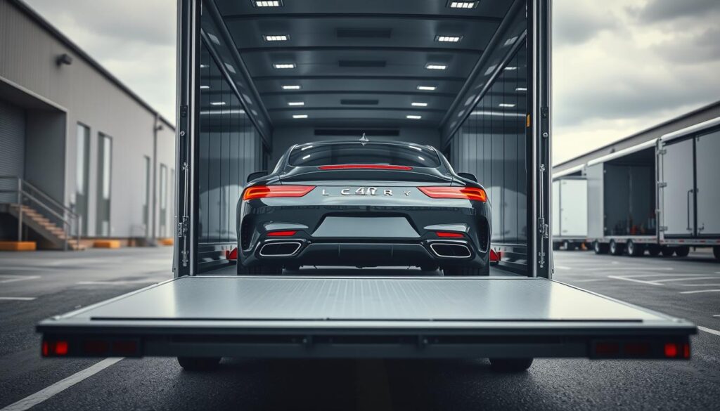 An enclosed car transport scene showcasing a robust, sleek car safely inside a modern, high-quality enclosed trailer. In the foreground, focus on the open back of the trailer, revealing a shiny luxury vehicle secured on soft straps, gleaming under bright, natural light. The middle ground includes the polished exterior of the trailer, featuring reflective surfaces with a subtle metallic finish. In the background, depict a serene transport yard setting with gentle, overcast skies enhancing the scene’s professionalism. Utilize a slightly low-angle lens perspective to emphasize the trailer's height and strength. The mood should convey reliability and security, reflecting the premium nature of enclosed car shipping.