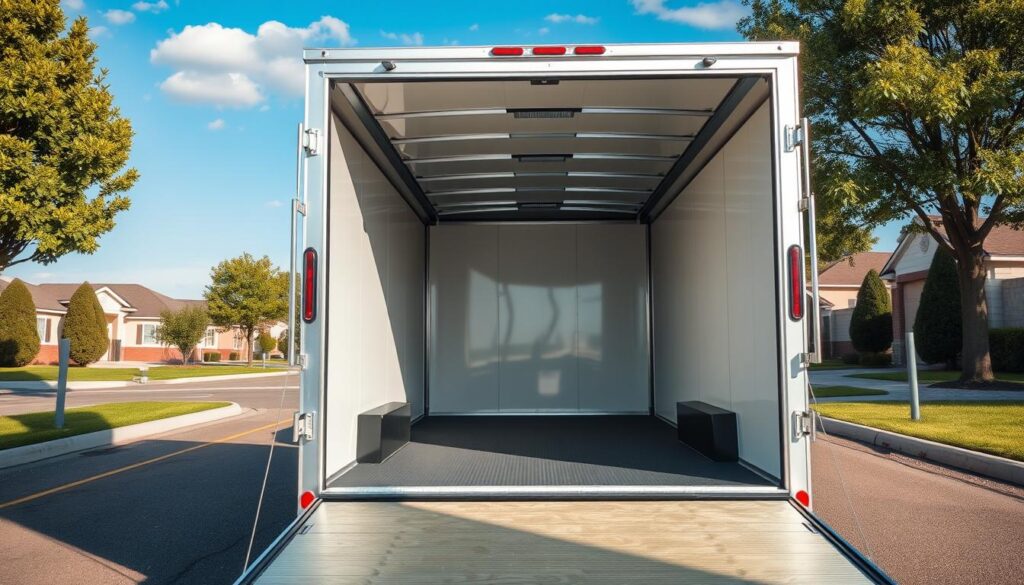 An enclosed trailer for car shipping, viewed from an angle that highlights its robust design and protective features. In the foreground, the trailer's sleek exterior showcases durable steel construction painted in a bright, reflective color. The middle ground features the open back of the trailer, revealing an empty, well-maintained interior with protective straps and a rubber floor mat. In the background, a suburban street provides a sense of location, with neatly trimmed trees and a clear blue sky creating a calm atmosphere. Soft natural lighting bathes the scene, enhancing the trailer's appearance. The image conveys a sense of safety and reliability, ideal for illustrating car shipping methods. No people are included in the image, ensuring focus on the trailer itself.