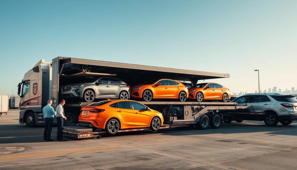 An expansive view of a car shipping yard, showcasing an array of vehicles being loaded onto a large transport truck, creating a sense of motion and logistics. In the foreground, a well-organized loading bay with workers in professional attire efficiently securing vehicles. The middle ground features several brightly colored cars, some sedans and SUVs, being carefully positioned on the transport trailer. The background displays a clear blue sky with a hint of Orlando’s skyline in the distance, representing the starting point. Soft, natural lighting illuminates the scene, casting gentle shadows, and highlighting the textures of the vehicles and the truck’s metallic surface. The mood is industrious and purposeful, capturing the importance of safe and efficient car shipping as it transitions the vehicles from Orlando to Chicago.
