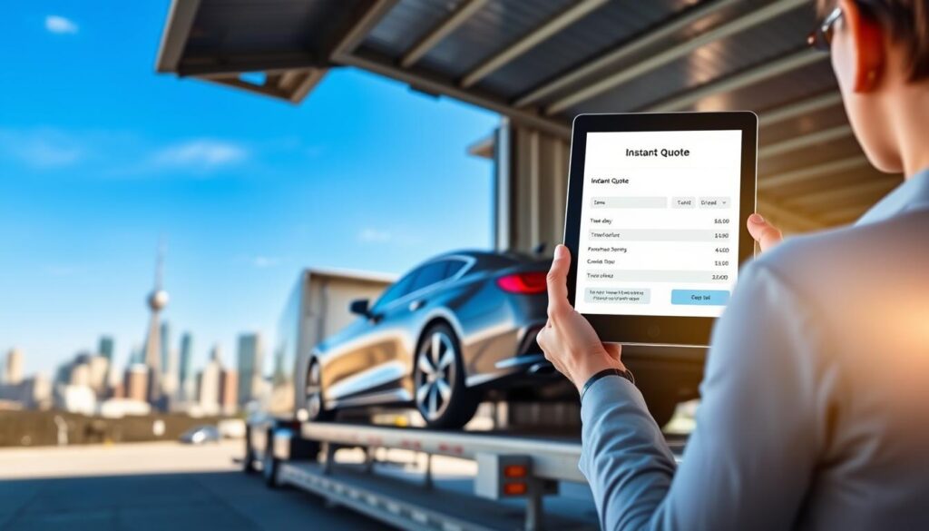 An informative scene depicting a car shipping instant quote concept, featuring a sleek, modern car being loaded onto a transportation truck. In the foreground, a professional business person (man or woman) in smart casual attire holds a digital tablet displaying the quote. The middle ground shows a vibrant blue sky with a transportation truck at a loading dock, prepared for shipment. In the background, a bustling city skyline of Dallas can be glimpsed, symbolizing the starting point of the journey. The lighting is bright and clear, with a slight lens flare to give an optimistic feel. The overall atmosphere should convey efficiency, professionalism, and customer service in the car shipping industry.