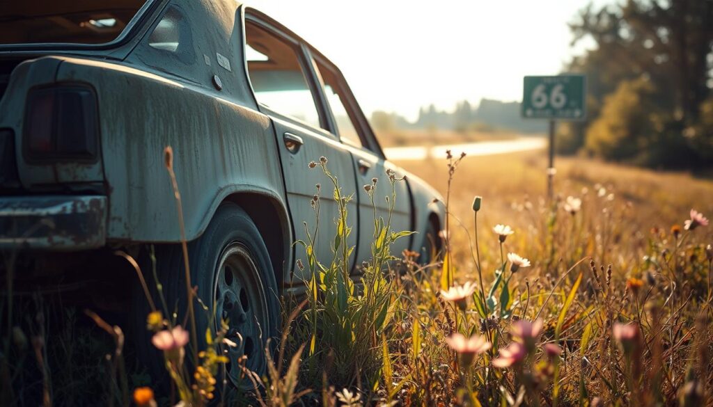 An inoperable vehicle sits in a sunlit, overgrown field, its rusting chassis and broken windows conveying a sense of neglect. In the foreground, a close-up of the car reveals peeling paint and flat tires, emphasizing its non-running state. The middle ground features weeds and wildflowers encroaching around the wheels, suggesting the passage of time since it was last driven. The background includes a blurred outline of a faded highway sign and distant trees, creating a feeling of isolation. The lighting is warm and soft, casting gentle shadows that enhance the vehicle's weathered features. The overall mood is contemplative, capturing the challenges associated with transporting non-running cars.