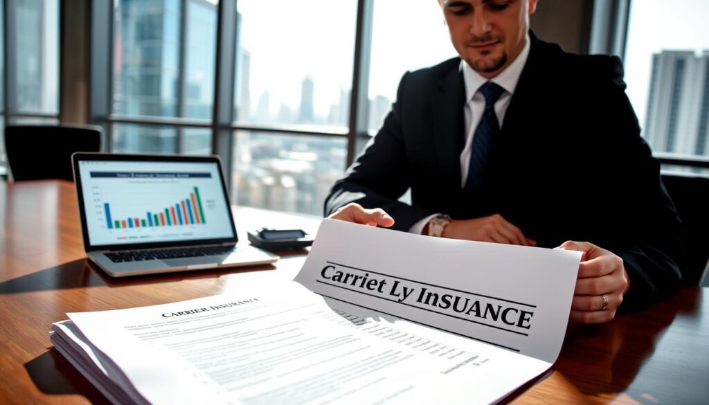 In a modern office setting, a professional businessperson in formal attire, a confident man or woman, is reviewing a document titled 'Carrier Liability Insurance' on a sleek desk. The foreground features a close-up of a detailed insurance policy document with bullet points visible, emphasizing key coverage points. In the middle ground, a laptop shows a chart illustrating liability claims statistics. The background contains a large window with bright natural light streaming in, casting soft shadows, and cityscape views. The atmosphere is serious yet optimistic, indicating security and professionalism in car shipping logistics. Use a wide-angle lens for depth and clarity.