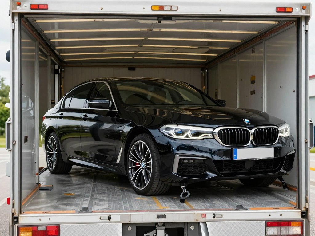 2019 BMW 5 Series luxury sedan in enclosed trailer