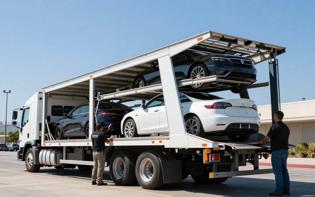 Auto transport carrier truck loaded with vehicles at California pickup location