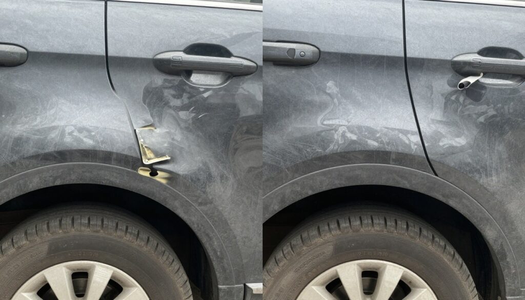 Before and after photos showing vehicle damage during transport