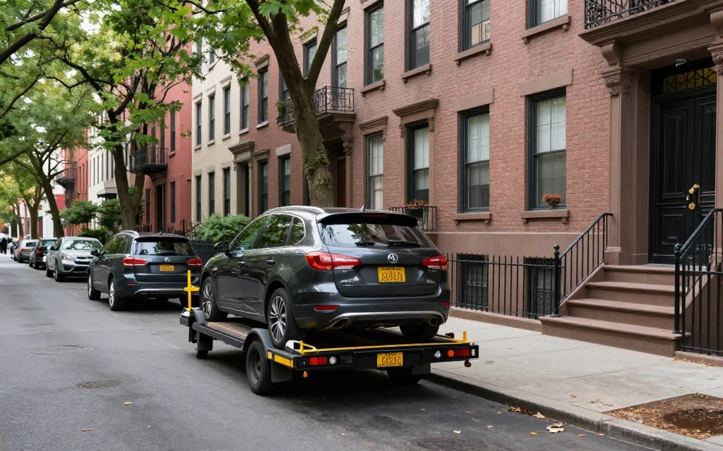 Brooklyn neighborhood street scene with vehicle delivery in progress