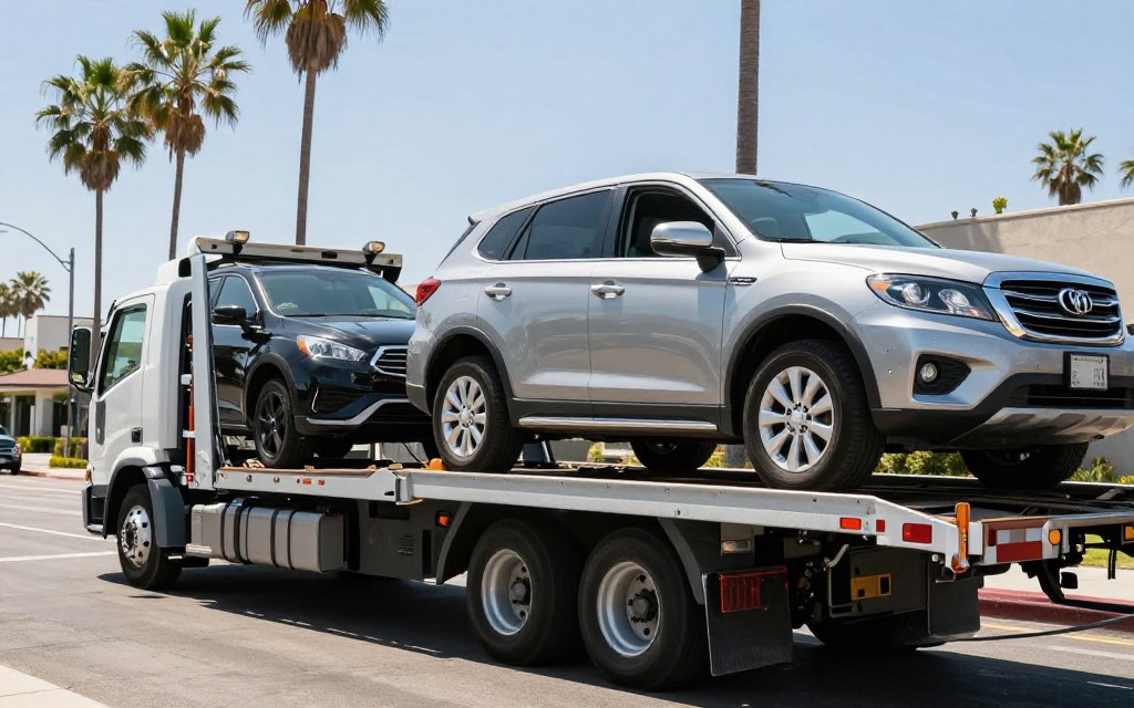 Car carrier delivering vehicle in Los Angeles California