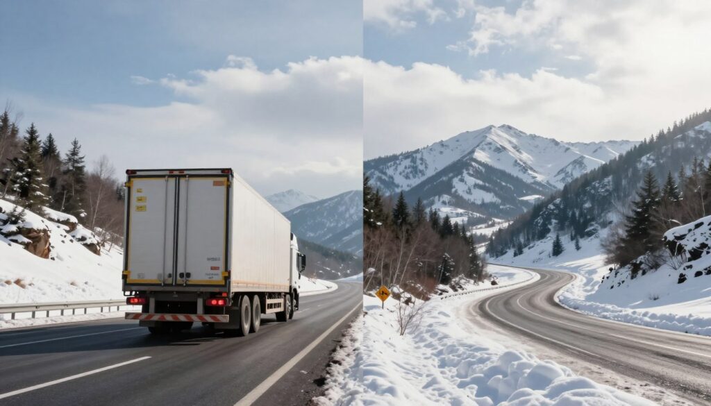 Car carrier navigating different weather conditions across United States