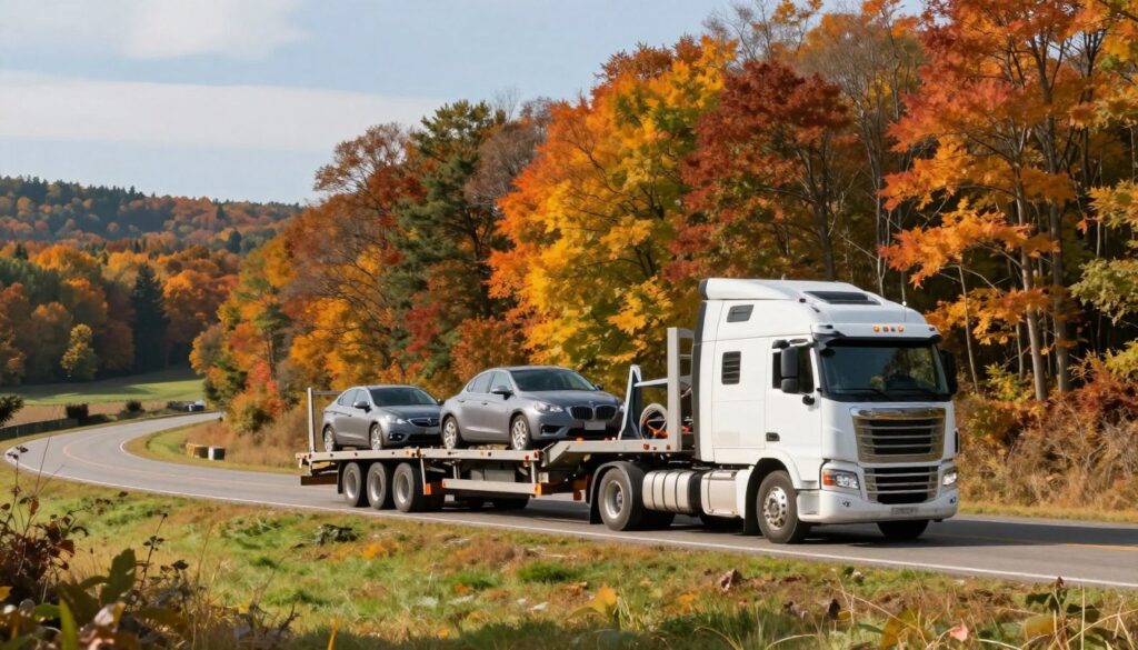 Car carrier traveling through autumn landscape with fall foliage