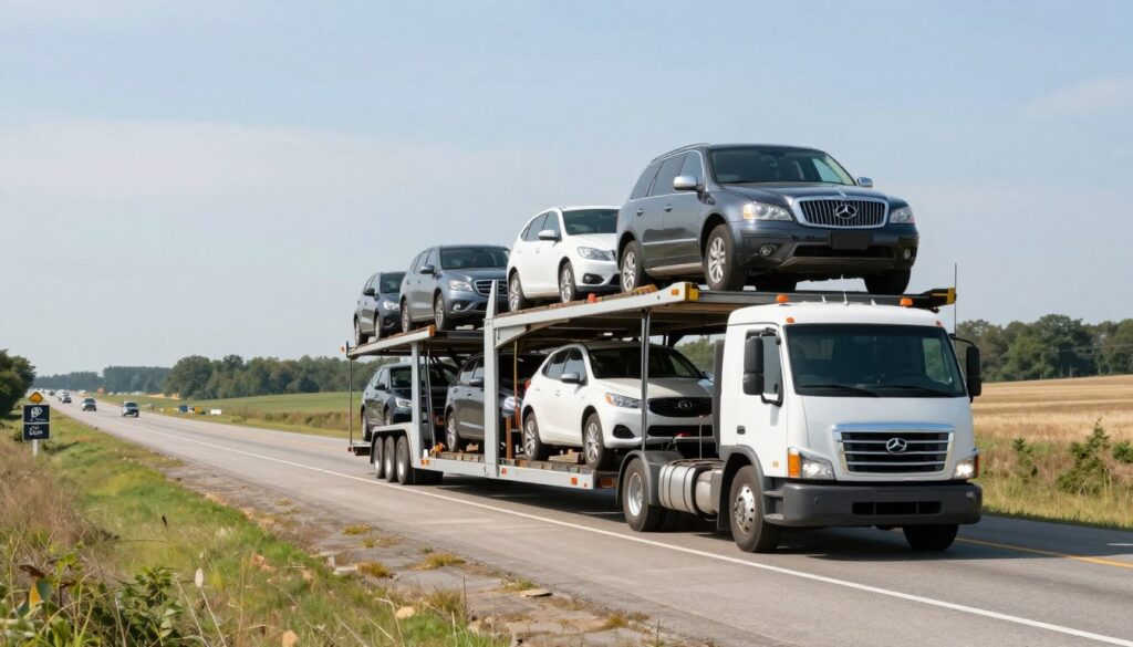 Car carrier truck driving across country with vehicles being transported