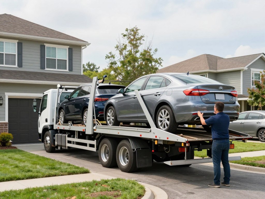 Car transport carrier arriving at residential location for door-to-door pickup