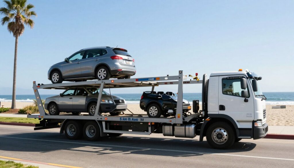 Car transport carrier arriving in San Diego California